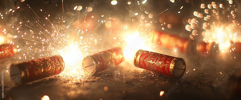 Aufkleber exploding firecrackers with sparks and smoke on dark background.