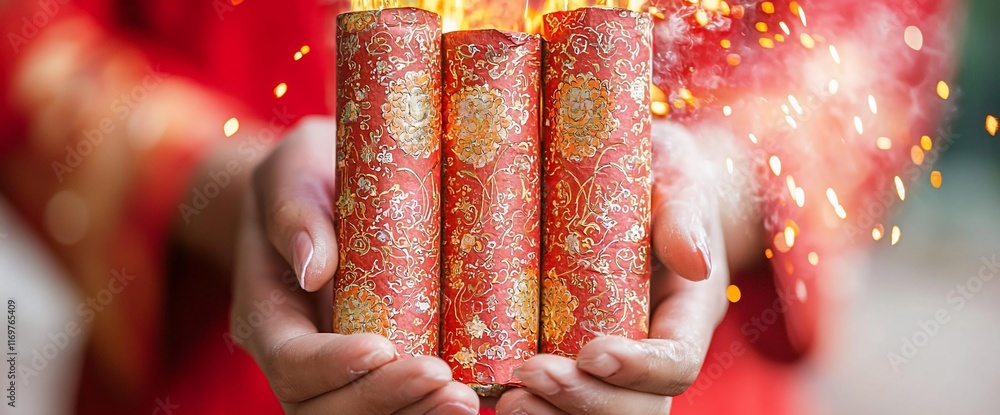 Poster close-up of hands holding three burning firecrackers with red and gold patterned paper.