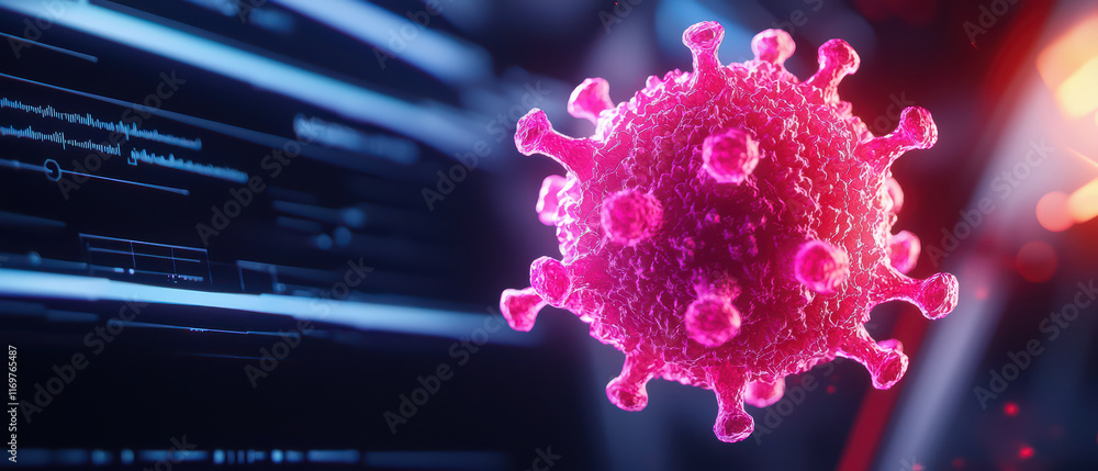 Poster close up of virus model with digital interface background