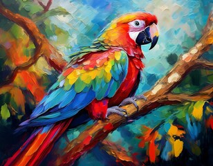 Fototapeta premium oil painting of a colorful parrot on a tree branch