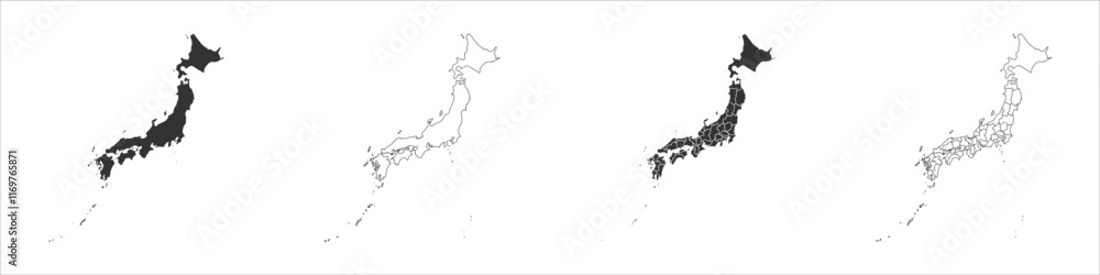 Poster japan set of three maps - solid map, outline map and map highlighting administrative divisions. thre