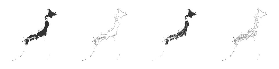 Japan set of three maps - solid map, outline map and map highlighting administrative divisions. Three distinct maps illustrate various representations of a geographical area.