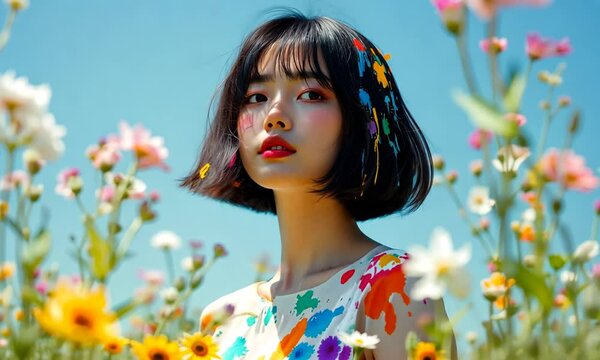 A woman of Asian descent, sporting a short bob hairstyle resembling a canvas splattered 