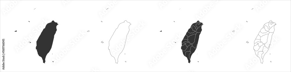 Poster taiwan set of three maps - solid map, outline map and map highlighting administrative divisions. thr