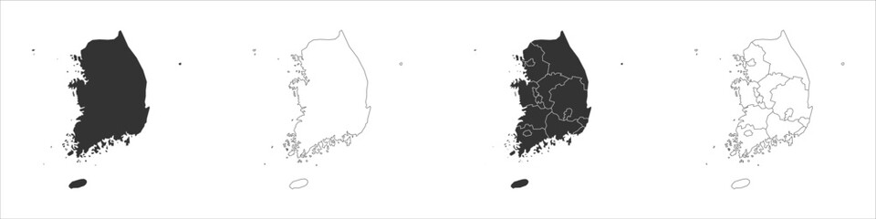 South Korea set of three maps - solid map, outline map and map highlighting administrative divisions. Three distinct maps illustrate various representations of a geographical area.