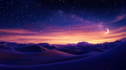 arabian desert dunes at night with stars and crescent moon, colorful sky, photorealistic