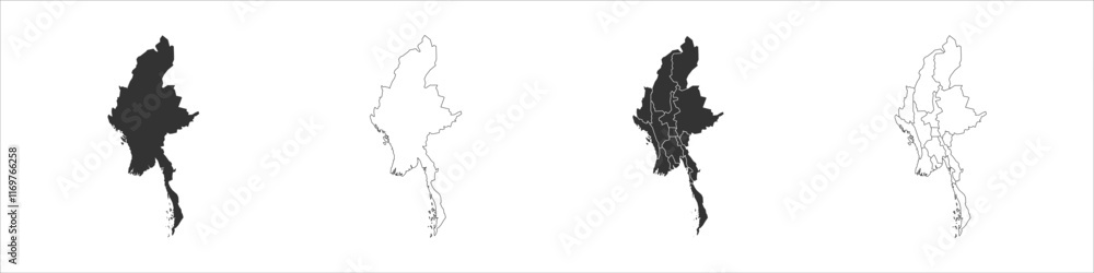 Poster myanmar set of three maps - solid map, outline map and map highlighting administrative divisions. th