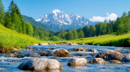 pristine river flows through lush green valley with mountains