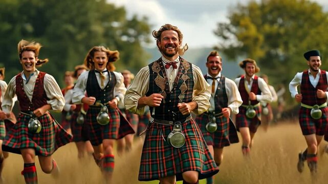 This group of men in kilts energetically runs through a vibrant field, celebrating together.