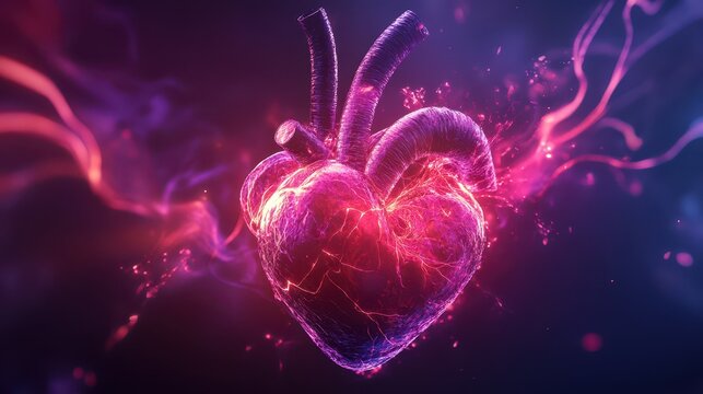 A vivid 3D illustration of a pulsating human heart, illuminated by a dynamic red and purple light aura, captures the essence of heartbeat and vitality.