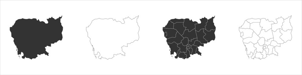 Cambodia set of three maps - solid map, outline map and map highlighting administrative divisions. Three distinct maps illustrate various representations of a geographical area.