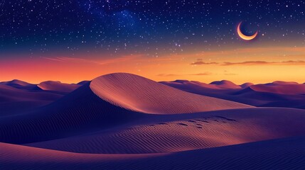 arabian desert with sand dunes, starry sky and crescent moon, colorful sunset