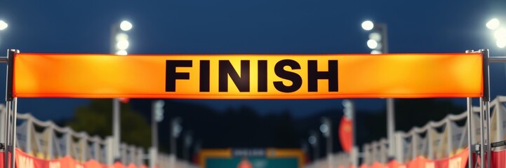 Finish Line Banner Illuminated at Night Conveying a Sense of Achievement and Completion in a Competitive Event Setting