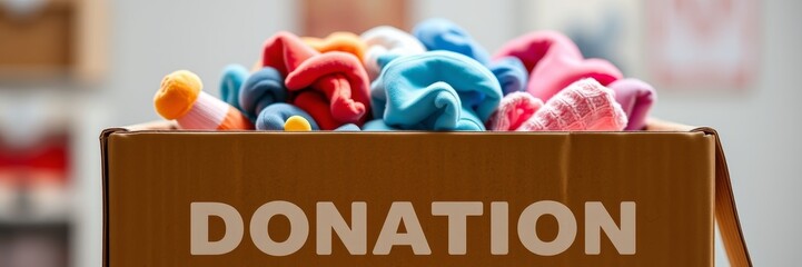 Donation box filled with colorful socks conveying a sense of generosity and community support for those in need in a well-lit space with blurred backgrounds