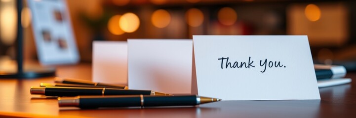 Thank you card with elegant handwriting and black pens lying on a wooden table in a cozy setting
