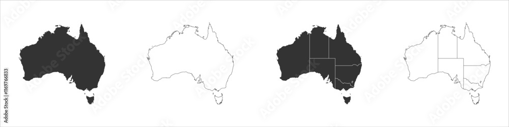 Poster australia set of three maps - solid map, outline map and map highlighting administrative divisions. 