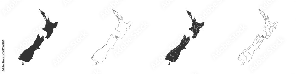 Poster new zealand set of three maps - solid map, outline map and map highlighting administrative divisions