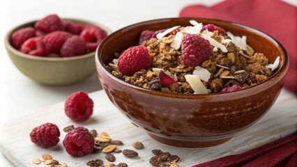 A richly colored ceramic bowl featuring a hearty mixture of granola pieces glistening with a hint of coconut oil topped with tered fragments of freezedried raspberries