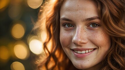 Fototapeta premium Young woman radiates joy with beautiful curly hair and freckles, surrounded by soft golden bokeh in a serene outdoor setting during late afternoon light