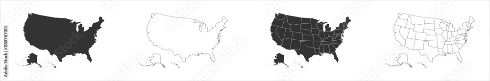 Poster united states of america set of three maps - solid map, outline map and map highlighting administrat