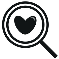 original simple black and white magnifying glass icon with a heart placed in the middle of the magnifying glass, valentine's day design