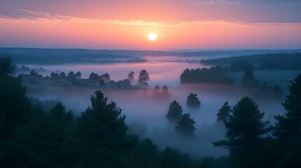 Fototapeta premium Sunrise over misty valley with houses and trees.