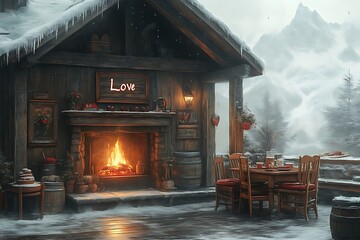 Cozy romantic snowy cabin with fireplace.