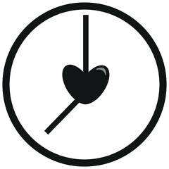 Original simple black and white round clock face icon with a heart in the middle of the icon, Valentine's day design