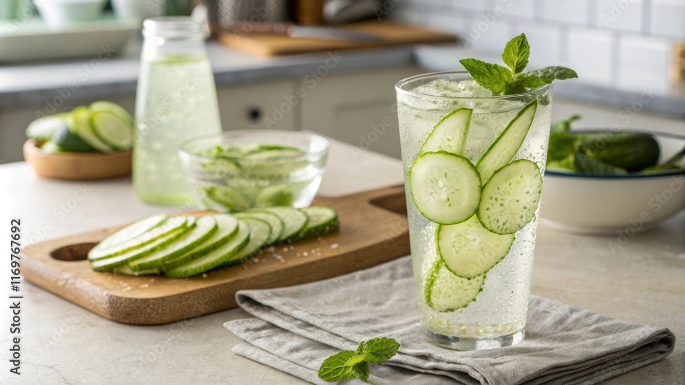 Poster in a softly lit kitchen a glass of cucumberinfused water sparkles with freshness condensation beadin