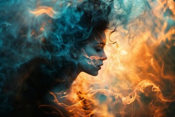 Artistic Portrait of Woman Amidst Blue and Orange Surreal Smoke Imaging Duality