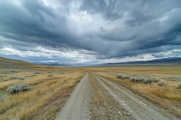 Fototapeta premium an expansive view of the sky with dramatic clouds over an empty road in Pat/open prairie near enormous lake, urtleback energy is written on it, shot from low angle, natural lighting, national geograph