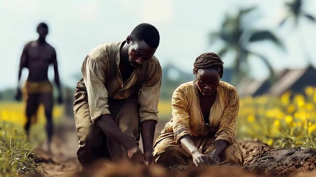 A couple toils together in the fields, demonstrating the hard labor of enslaved individuals on American plantations. Their efforts highlight the struggles faced during this historical period