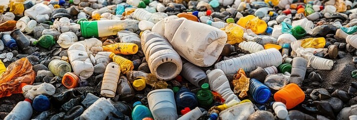 Obraz premium Plastic pollution, colorful bottle caps, discarded plastic bottles, environmental waste, macro photography, vibrant colors, recyclable materials, ocean debris, environmental awareness, close-up textur