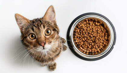 top view of a cute cat beside a bowl filled with food isolated on white background