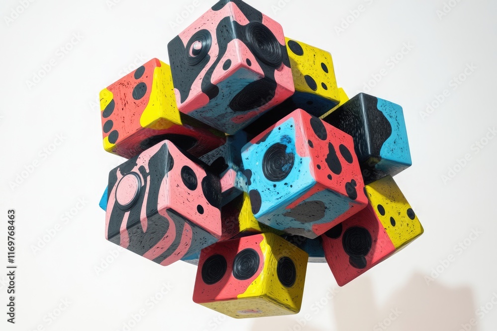 Poster a vibrant cluster of colorful cubes, each adorned with abstract patterns and swirling designs.