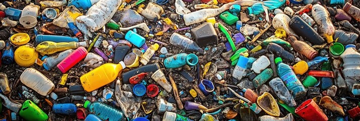 Plastic pollution, colorful bottle caps, discarded plastic bottles, environmental waste, macro photography, vibrant colors, recyclable materials, ocean debris, environmental awareness, close-up textur