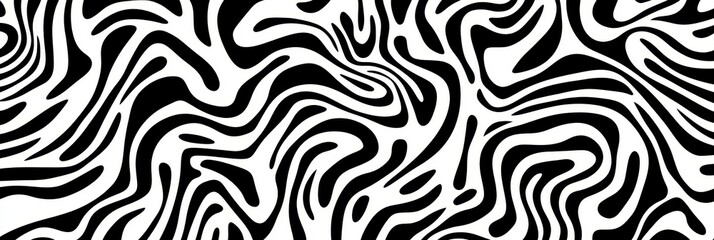 Abstract pattern, black and white stripes, organic curves, zebra-like texture, psychedelic swirls, optical illusion, fluid lines, wavy contours, hypnotic design, high contrast, seamless repeating patt