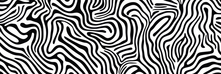 Abstract pattern, black and white stripes, organic curves, zebra-like texture, psychedelic swirls, optical illusion, fluid lines, wavy contours, hypnotic design, high contrast, seamless repeating patt