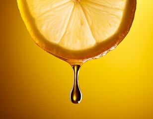 close up of lemon slice with dripping juice on yellow background
