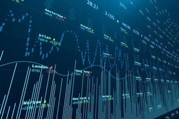 Device screen with stock market data, lines, chart, bar graph. Stock trading, investment, percentage changes, up and down, business. 3D illustration