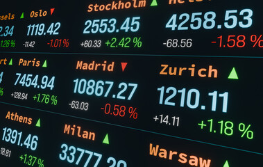 Obraz premium Financial marekts information about Zurich, Madrid, Paris, Athens, Milan. Stock market and exchange, investment, business and trading. Concept, 3D illustration