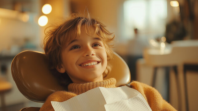 A child sitting in a dentist's chair receiving care, smiling dentist in the background, warm and friendly lighting, promoting comfort and trust in dentistry
