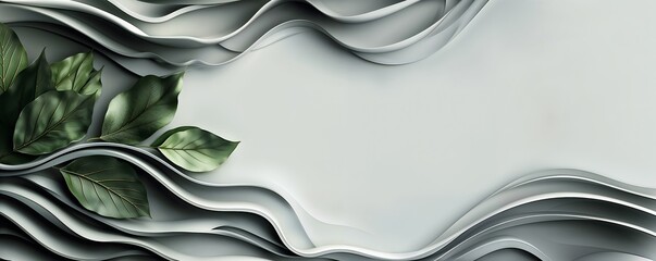 Elegant Abstract Design Featuring Green Leaves and Flowing Curved Layers on White Background