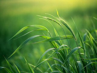 Fototapeta premium green wheat field. field, green, grass, nature, plant, agriculture, wheat, rice, grain, crop, cereal, farm, ear, food, summer, spring, paddy, harvest, corn, closeup, meadow, rye, growth, seed, season