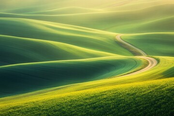 Beautiful grassy field with a winding road, a vibrant green meadow, rolling hills, a sunny day, a blue sky, an aerial view, a wide-angle lens, natural landscape photography, golden hour lighting