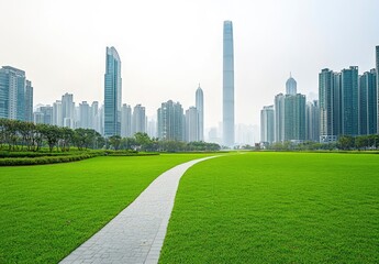 Obraz premium Beautiful green lawn in the city, with tall buildings and skyscrapers on both sides of it. The background is a white sky. In front of you can see an empty park path leading to a distant building. Ther