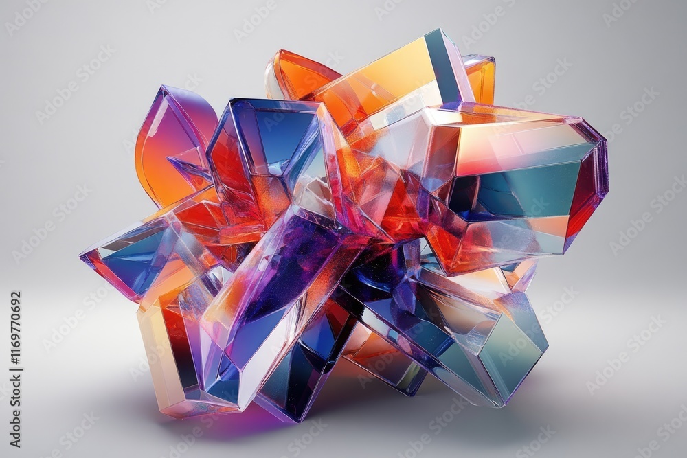 Aufkleber abstract 3d render of a vibrant, multicolored crystal cluster with sharp,faceted geometric shapes.