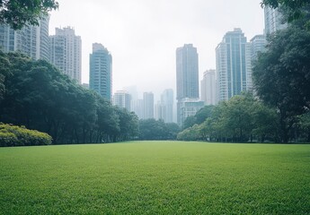 Fototapeta premium Beautiful green lawn in the city, with tall buildings and skyscrapers on both sides of it. The background is a white sky. In front of you can see an empty park path leading to a distant building. Ther