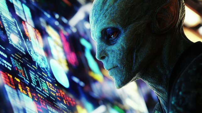 A close-up of an alien businessman studying stock market data on high-tech holographic screens, with a sci-fi styled background.