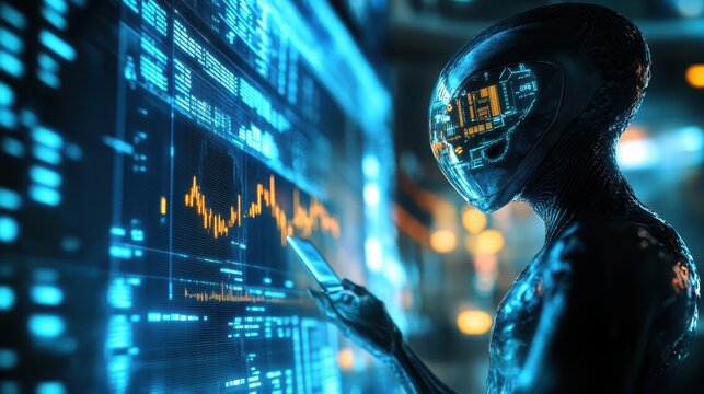 A close-up of an alien businessman studying stock market data on high-tech holographic screens, with a sci-fi styled background.